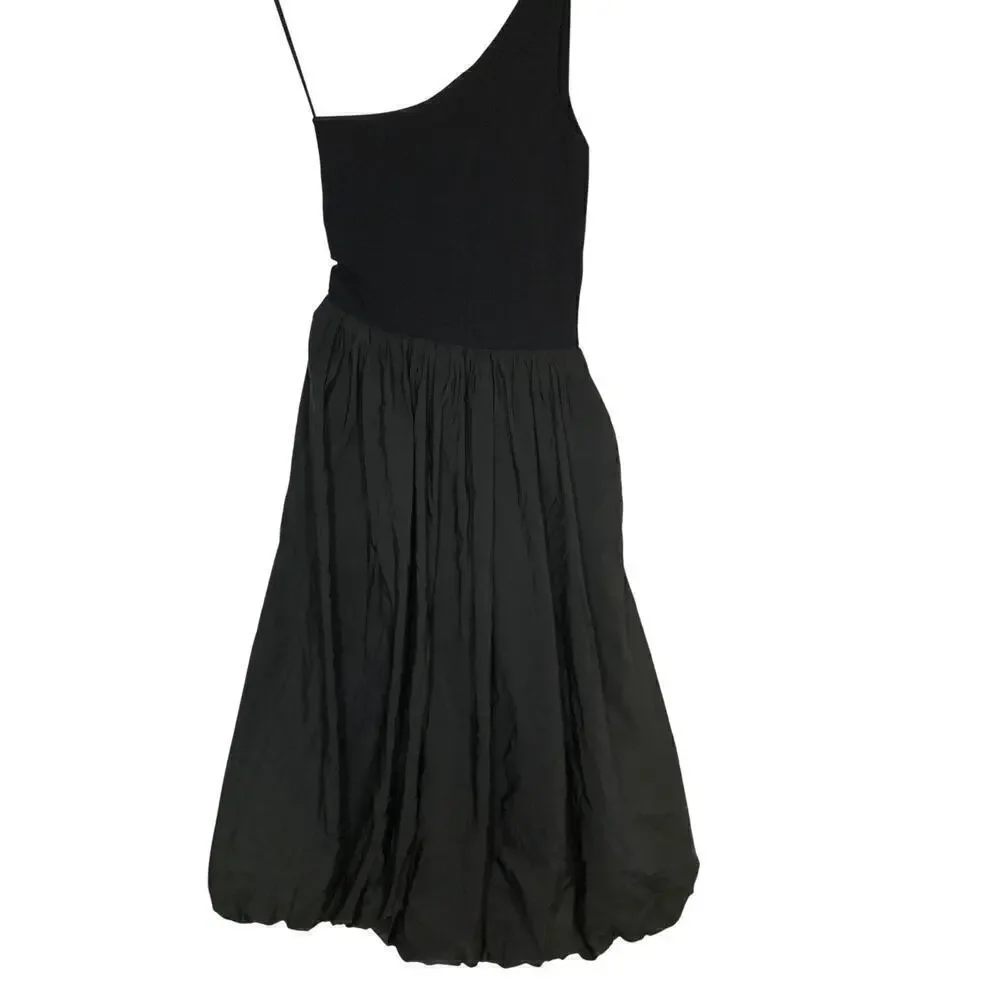 Derek Lam 10 Crosby Dune Balloon Dress One Shoulder Midi Black L